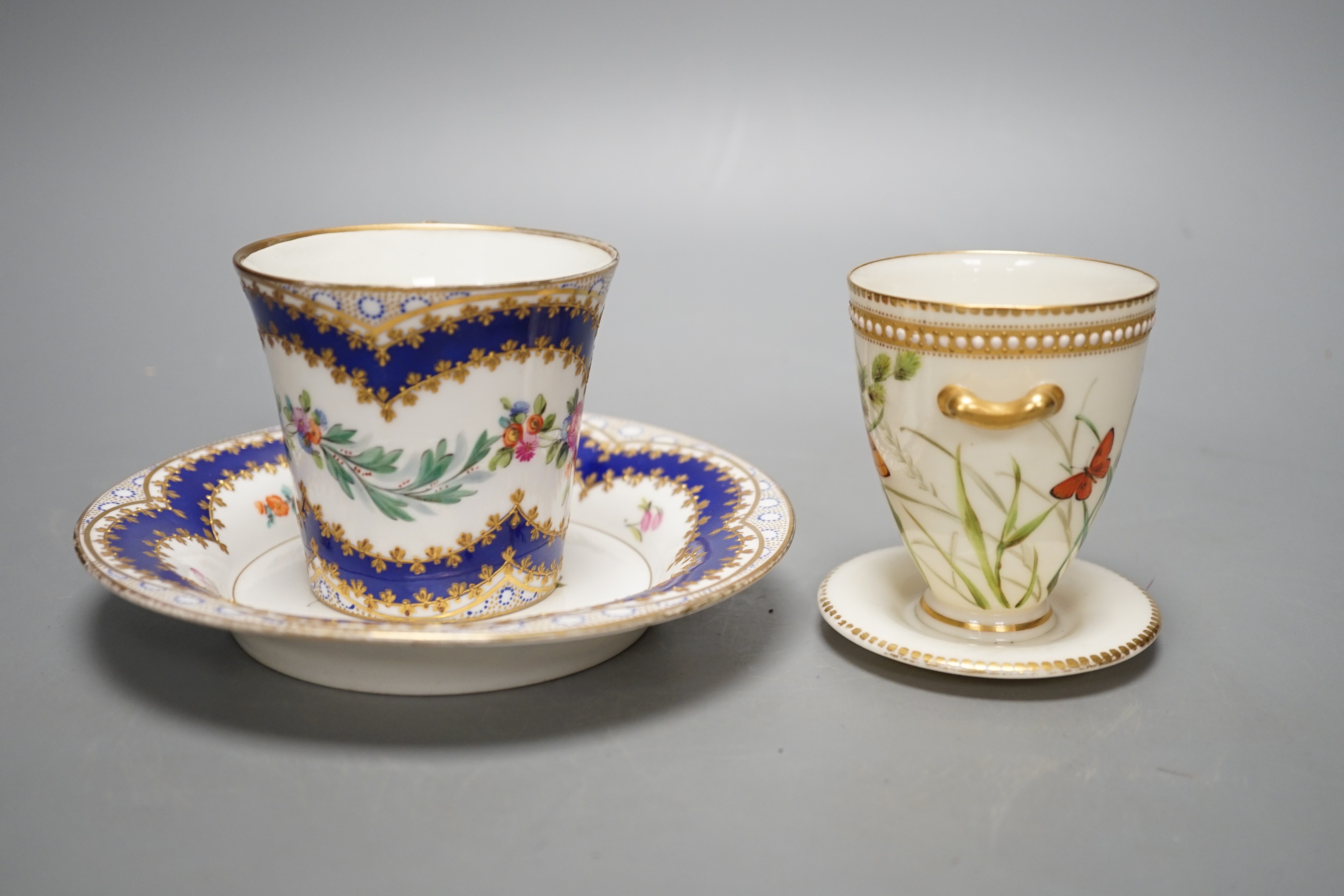 A late 19th century Royal Worcester cup and a Sevres style cup and saucer, diameter 16cm